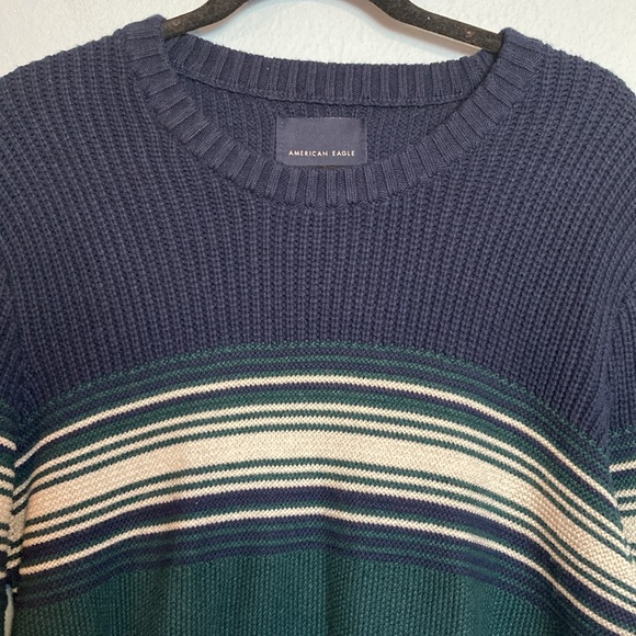 American Eagle Mens Size L Chunky Sweater Striped Colorblocked Green Blue Grey - Picture 2 of 14